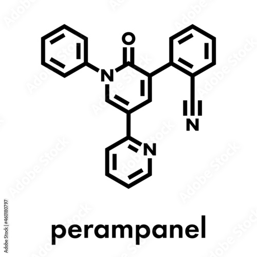 Perampanel epilepsy drug molecule. Used in treatment of seizures. Skeletal formula.