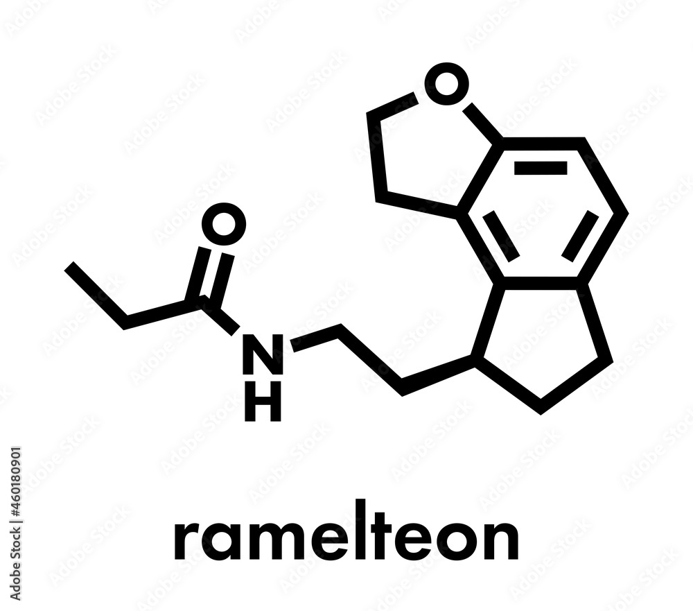 Ramelteon insomnia drug molecule. Skeletal formula. Ramelteon insomnia drug molecule. Skeletal formula.