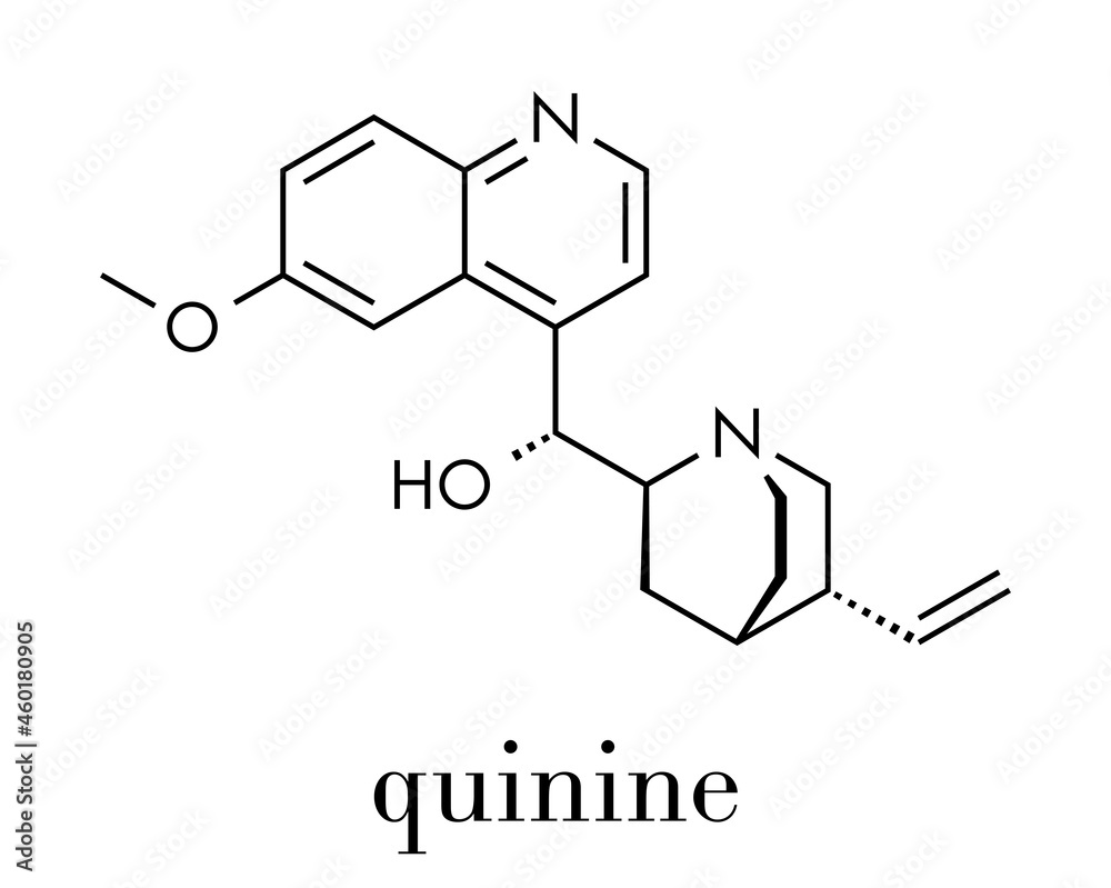 Quinine malaria drug molecule. Isolated from cinchona tree bark. Skeletal formula. Quinine malaria drug molecule. Isolated from cinchona tree bark. Skeletal formula.