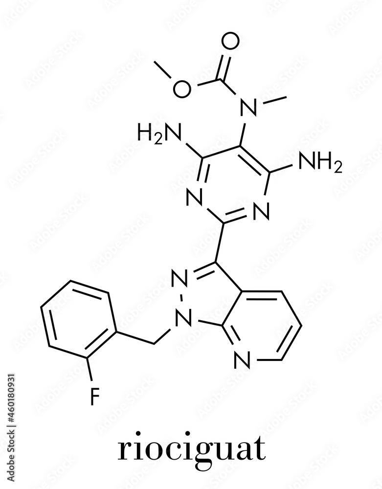 Riociguat pulmonary hypertension (PH) drug molecule. Stimulator of soluble guanylate cyclase (sGC). Skeletal formula.