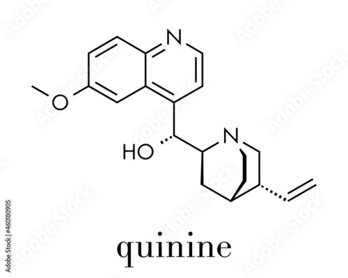 Quinine malaria drug molecule. Isolated from cinchona tree bark. Skeletal formula.