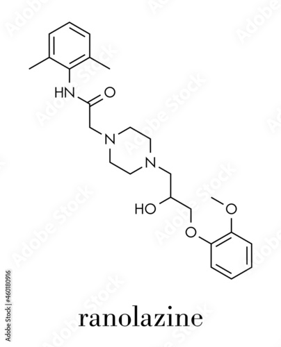 Ranolazine antianginal drug molecule. Used in treatment of chronic angina pectoris. Skeletal formula.