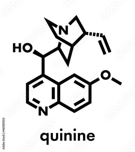 Quinine malaria drug molecule. Isolated from cinchona tree bark. Skeletal formula.