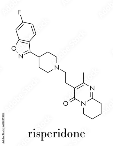 Risperidone antipsychotic drug molecule. Used in treatment of schizophrenia, bipolar disorder and related conditions. Skeletal formula.