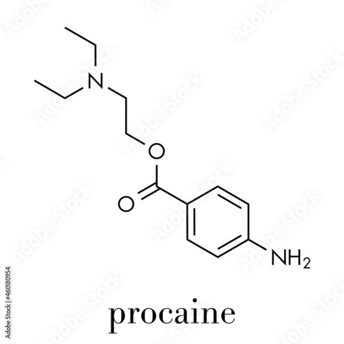 Procaine topical anesthetic drug molecule. Skeletal formula.