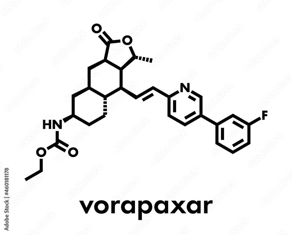 Vorapaxar acute coronary syndrome chest pain drug molecule. Skeletal formula.