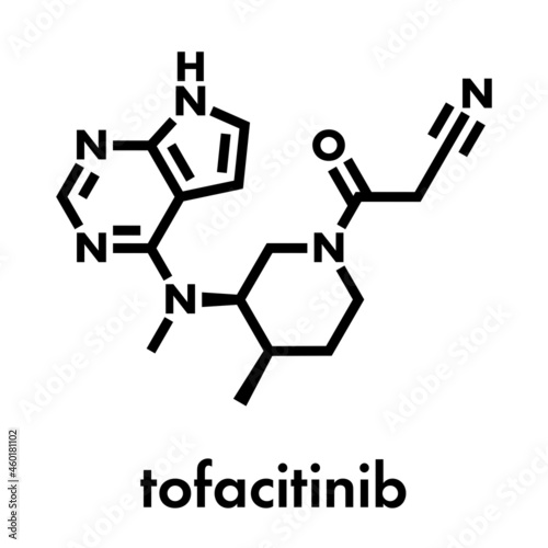 Tofacitinib rheumatoid arthritis drug molecule. Inhibitor of Janus kinase 3 (JAK3). Skeletal formula. photo