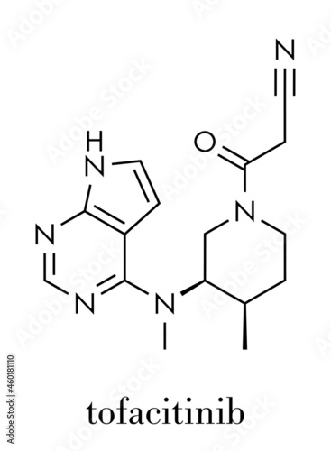 Tofacitinib rheumatoid arthritis drug molecule. Inhibitor of Janus kinase 3 (JAK3). Skeletal formula. photo