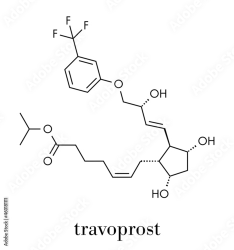 Travoprost eye disease drug molecule. Used in treatment of glaucoma and ocular hypertension. Skeletal formula.