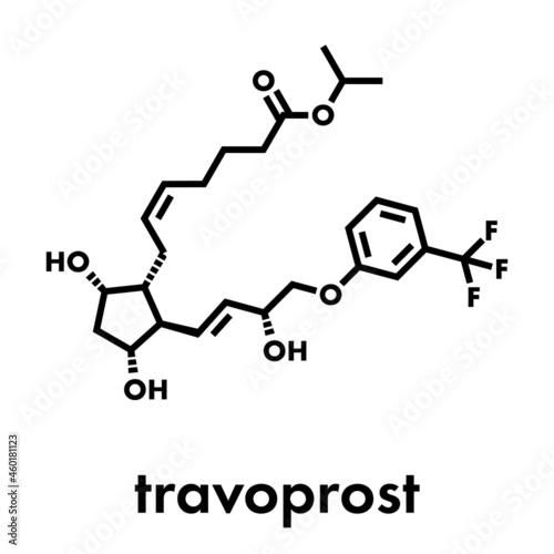 Travoprost eye disease drug molecule. Used in treatment of glaucoma and ocular hypertension. Skeletal formula.