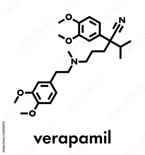 Verapamil calcium channel blocker drug. Mainly used in treatment of hypertension (high blood pressure) and cardiac arrhythmia (irregular heartbeat). Skeletal formula.