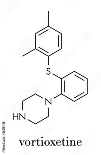 Vortioxetine antidepressant drug molecule. Skeletal formula.