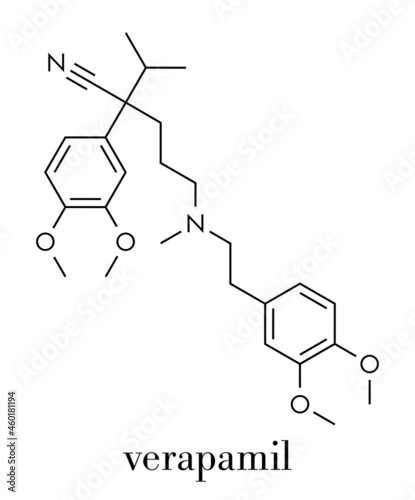 Verapamil calcium channel blocker drug. Mainly used in treatment of hypertension (high blood pressure) and cardiac arrhythmia (irregular heartbeat). Skeletal formula. photo