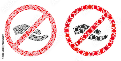 Vector covid-2019 collage forbid asking hand designed for health care advertisement. Mosaic forbid asking hand is based on icon and it is made with biohazard covid-2019 pathogen icons.