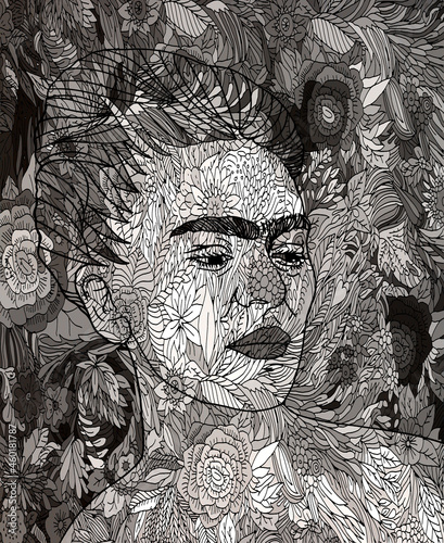 Obraz na plátně Frida Kahlo Illustrations Series 1 B&W