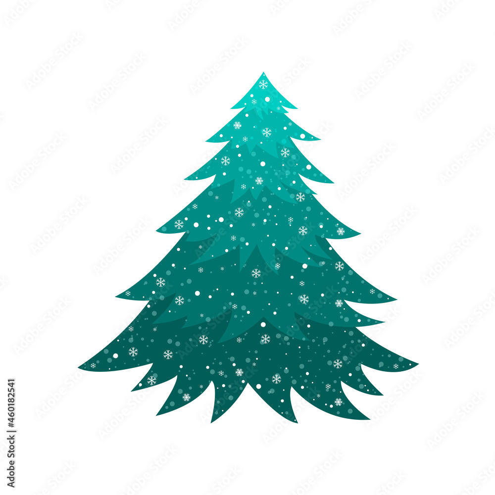 Christmas tree vector. Cartoon fir tree with snowflakes, isolated on white background.