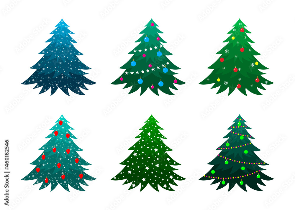 Christmas trees vector collection. Colorful vector illustration in flat cartoon style. A set of decorated fir trees