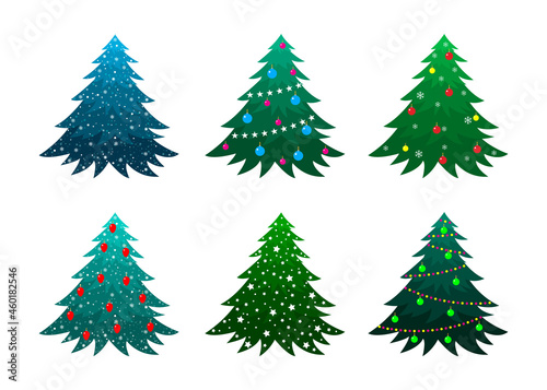Christmas trees vector collection. Colorful vector illustration in flat cartoon style. A set of decorated fir trees