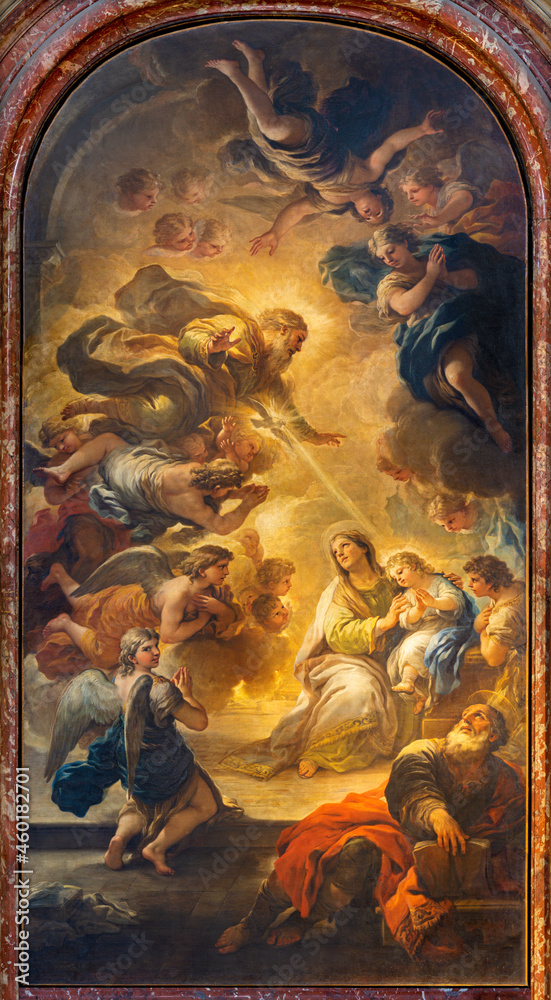 ROME, ITALY - SEPTEMBER 1, 2021: The painting of Virgin mary with the St. Ann and Joachim in the church Chiesa di Santa Maria in Campitelli by Luca Giordano (1634 - 1705).