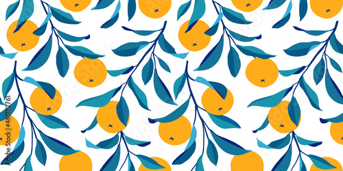 Seamless pattern with oranges. Trendy summer background. Vector bright print for fabric or wallpaper.