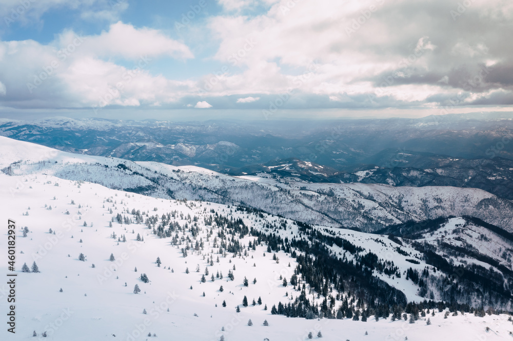 Panorama of the ski resort Kopaonik in Serbia. Kopaonik National Park, winter landscape in the mountains.