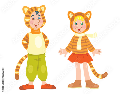 Cute little girl and funny boy in tiger costumes. For a school party. In cartoon style. Isolated on white background. Vector flat illustration.