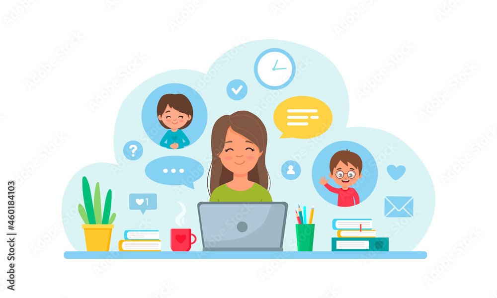 Teacher teaches children online. Study at home, online test, distance  learning  lesson. Vector illustration in cartoon style Stock  Vector | Adobe Stock