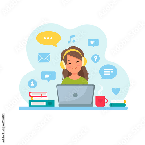 Home office, woman working from home on laptop. Woman with headphones.Vector illustration in flat style 