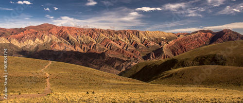 Panoramic ultra-wide view of the 14 colours mountains (cerro de los 14 colores), also called Hornocal in Quebrada de Humahuaca, Jujuy Province, Argentina
