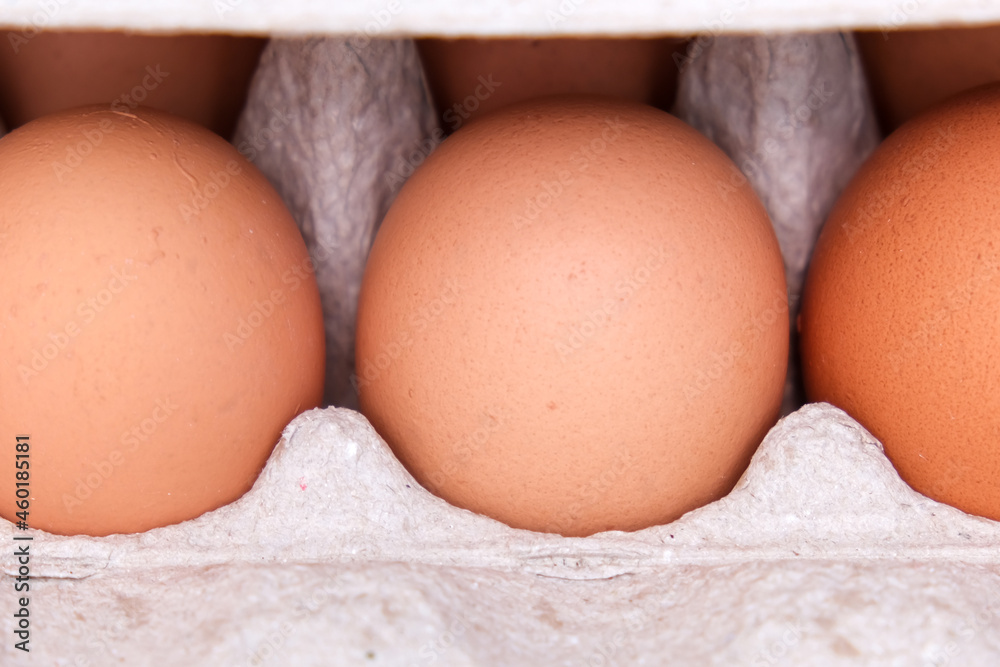 Brown chicken eggs in a carton box, container on white background with copy space close up Brown chicken eggs in a carton box, container on white background with copy space close up