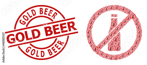 Red round stamp has Gold Beer caption inside circle. Vector forbid beer bottle fractal is designed with randomized fractal forbid beer bottle parts. Scratched Gold Beer stamp seal,