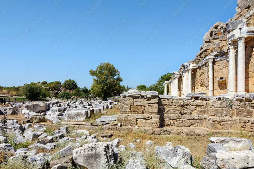 Fountain Nymphaeum in Side. Turkey. Antalya. Alania. Monumental Fountain. Nymphaeum. Ancient ruins. Attractions Side