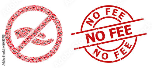 Red round seal includes No Fee text inside circle. Vector forbid asking hand composition is composed with repeating fractal forbid asking hand elements. Textured No Fee seal,