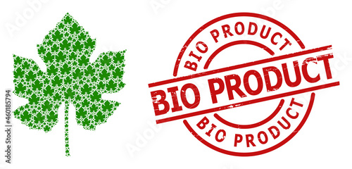 Red round stamp seal contains Bio Product tag inside circle. Vector grape leaf composition is constructed of random itself grape leaf pictograms. Rubber Bio Product stamp seal,
