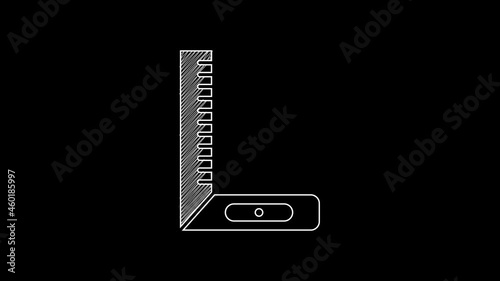 White line Corner ruler icon isolated on black background. Setsquare, angle ruler, carpentry, measuring utensil, scale. 4K Video motion graphic animation photo