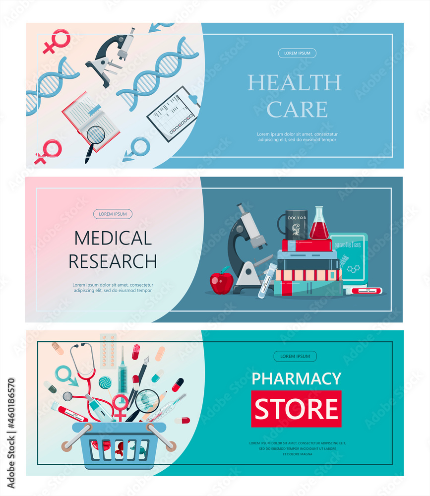 Vector medical banner. Pharmacy template for hospitals, advertising, pharmacies training. International health protection, insurance.Medicine and surgery.Vaccination, online health check up, medical