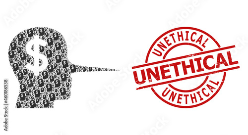 Red round stamp seal includes Unethical tag inside circle. Vector financial liar composition is composed from randomized fractal financial liar elements. Textured Unethical seal,