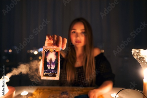 Konstfotografi Fortune teller female hands and tarot cards
