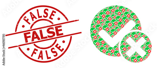 Red round stamp seal includes False text inside circle. Vector false positive collage is organized with scattered fractal false positive elements. Scratched False stamp seal,