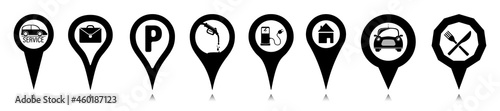 Pinpoint marker set design with car, fuel pump, briefcase, electric car charger, restaurant, house icon illustration. Global position system map marker graphic on white background.