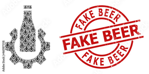 Red round stamp has Fake Beer caption inside circle. Vector beer industry composition is done from randomized itself beer industry items. Distress Fake Beer badge,