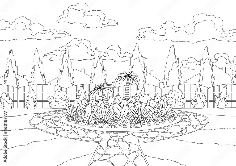 Obraz premium Coloring of backyard with flower bed and wooden fence hedge. Grass and park plants, trees and bushes. Garden design architecture sketch