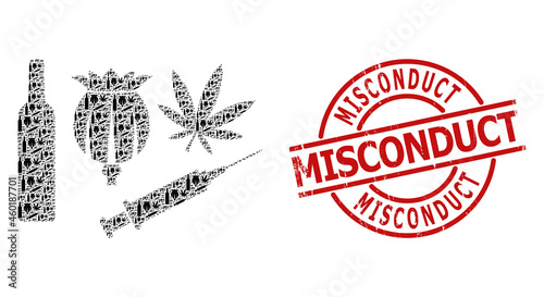 Red round stamp seal has Misconduct tag inside circle. Vector addiction drugs fractal is composed of random recursive addiction drugs parts. Grunge Misconduct seal,