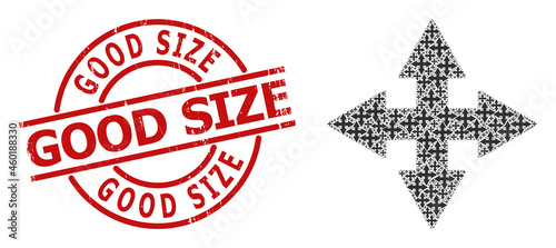 Red round badge includes Good Size tag inside circle. Vector expand arrows fractal is composed of scattered recursive expand arrows icons. Distress Good Size watermark,