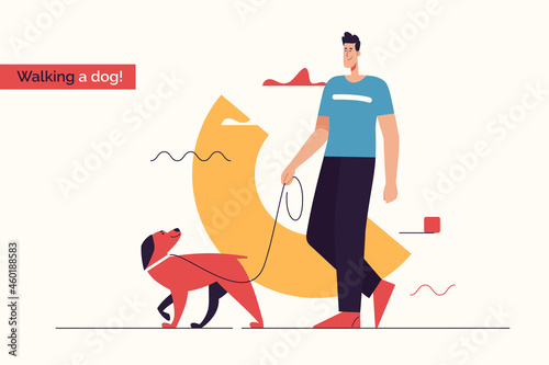Vector illustration depicting a young smiling man walking a dog on a leash.Editable stroke