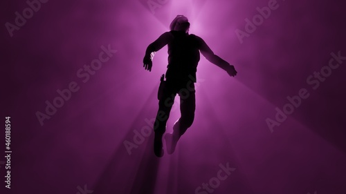 Person floating in fog , mist. Astral plane. Soldier floats in ethereal realm. Silhouette of man in Volumetric light rays.  Alien abduction , abductee . 3d render illustration