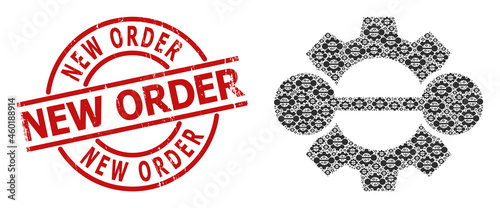 Red round stamp includes New Order tag inside circle. Vector integration gear composition is designed with repeating fractal integration gear pictograms. Scratched New Order stamp,