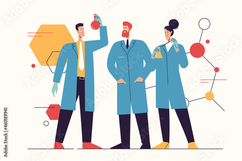 Vector illustration depicting a group of scientists working, making tests, researching in a laboratory. Editable stroke