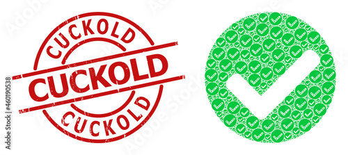 Red round badge contains Cuckold text inside circle. Vector yes mark mosaic is composed from scattered recursive yes mark icons. Textured Cuckold imprint, and yes mark icon fractal mosaic.