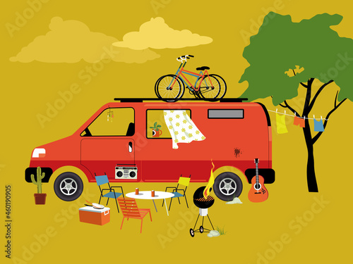 Live-in generic cargo van parked at a camping site with camp gear and furniture around, no people in sight, no real products depicted, EPS 8 vector illustration